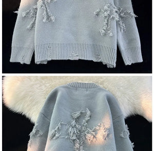 Ripped Y2K Two Shaded Cross Fringed Sweater , - Streetwear Sweater - Slick Street