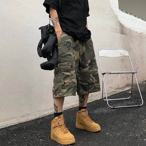Y2K Camouflage Baggy Shorts Camo Green, M - Streetwear Shorts - Slick Street