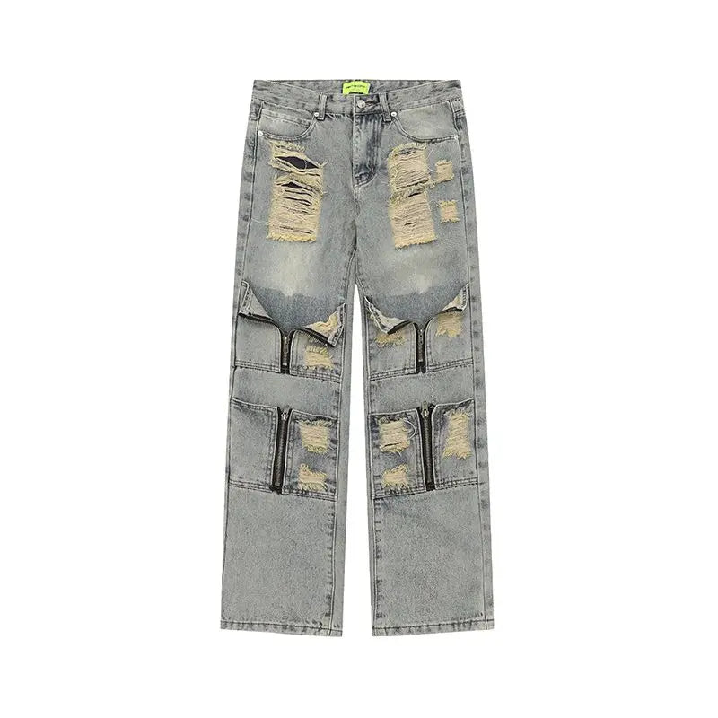 SK5 Multi Zipper Ripped Jeans Light blue, XXS - Streetwear Pants - Slick Street