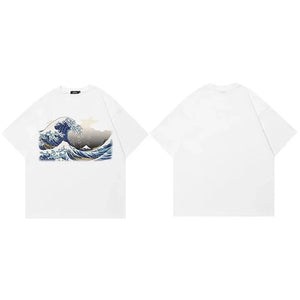 Ivory Tsunami Big Waves Graphic Loose T-Shirt White, S - Streetwear T-Shirts - Slick Street