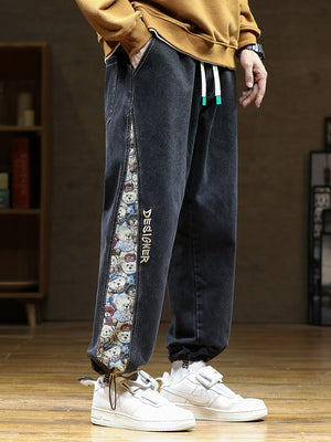 Designer Bear Patchwork Denim Pants , - Streetwear Pants - Slick Street