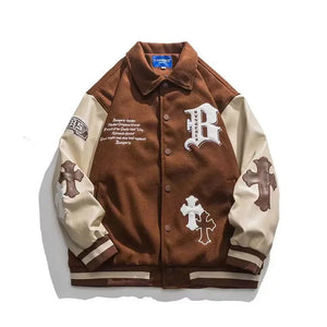 Crucifix Sign Patchwork Raglan Sleeves jacket Sky Blue, S - Streetwear Jacket - Slick Street