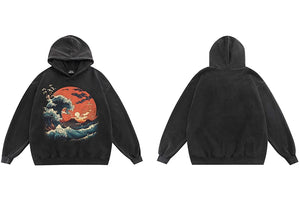 Dusty Color Full Moon With Wave Graphic Hoodie , - Streetwear Hoodie - Slick Street
