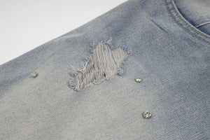 Rhinestone Denim Ripped Shorts , - Streetwear Shorts - Slick Street