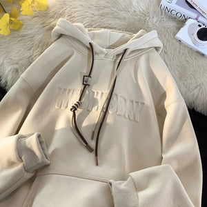 Drawstring Wednesday Embossed Letters Hoodie Apricot, XS - Streetwear Hoodie - Slick Street