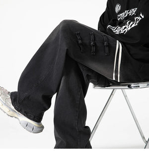 Straight Legs Side Coil Button Pants , - Streetwear Jeans - Slick Street