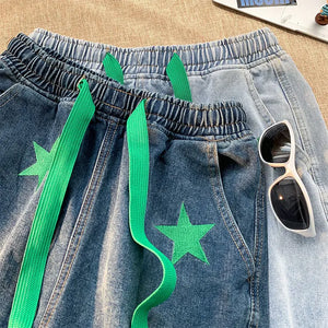 Five-point Star Patchwork Elastic Waist Shorts , - Streetwear Shorts - Slick Street