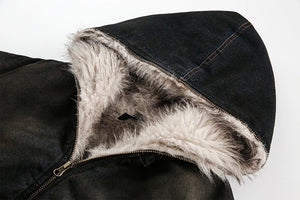 Coal Black Washed Fur Hooded Jacket , - Streetwear Jacket - Slick Street
