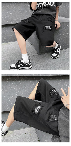 Ripped Hole Patchwork Knee Length Shorts , - Streetwear Shorts - Slick Street