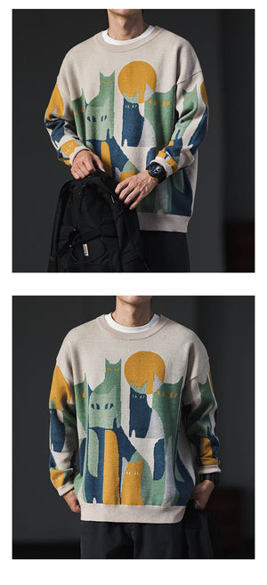 Moonnight Cat Abstract Crew Neck Sweater , - Streetwear Sweater - Slick Street