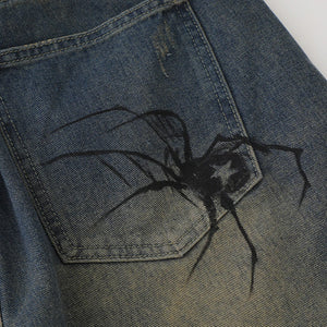 Nodok Spider Cobweb Blue Jean Shorts , - Streetwear Shorts - Slick Street