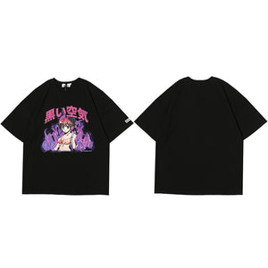 Japanese Anime Fire Girl T-Shirt Black, M - Streetwear T-Shirts - Slick Street