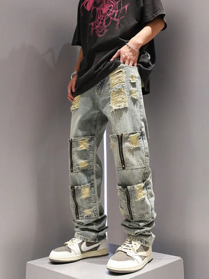 SK5 Multi Zipper Ripped Jeans , - Streetwear Pants - Slick Street