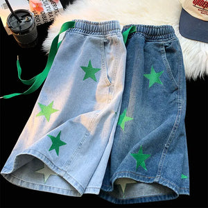 Five-point Star Patchwork Elastic Waist Shorts , - Streetwear Shorts - Slick Street