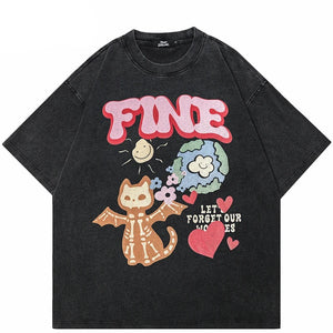 Devil Cat 'FINE' Graphic T-Shirt Washed Black, S - Streetwear T-Shirts - Slick Street