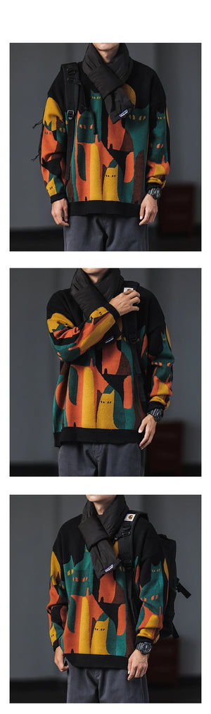 Moonnight Cat Abstract Crew Neck Sweater , - Streetwear Sweater - Slick Street