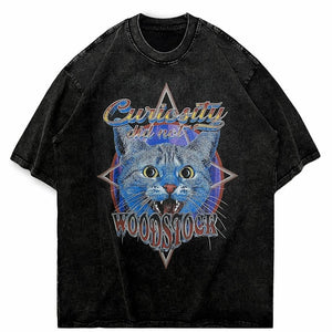 Curiosity Did Not Woodstock Star Cat T-Shirt , - Streetwear T-Shirts - Slick Street