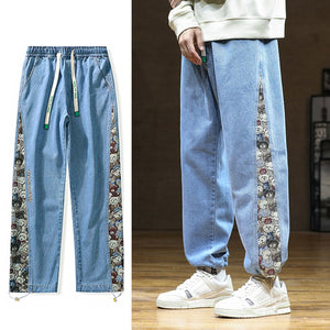 Designer Bear Patchwork Denim Pants , - Streetwear Pants - Slick Street