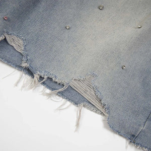 Rhinestone Denim Ripped Shorts , - Streetwear Shorts - Slick Street