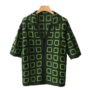 V-Neck Knitted Short Sleeve Shirt Green, S - Streetwear Shirt - Slick Street