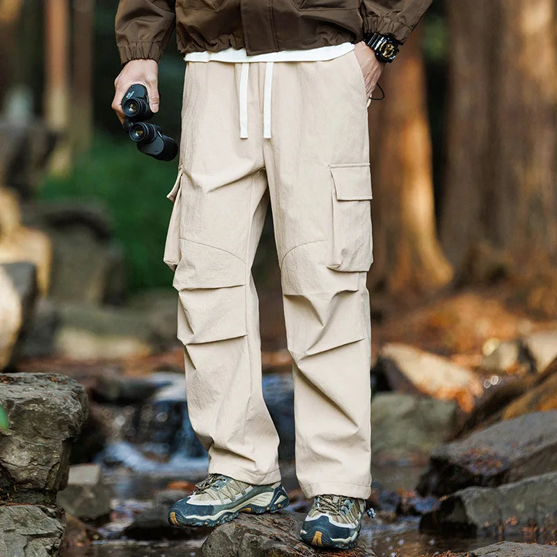 Plain Color Hiking Style Knee Pocket Pants S, Khaki - Streetwear Pants - Slick Street