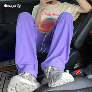 Solid Color Oversized Cargo Pants Purple, M - Streetwear Pants - Slick Street