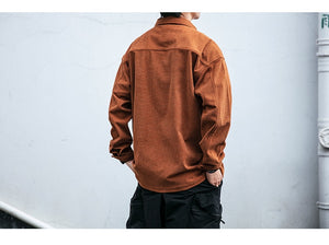 Corduroy Waffle Plaid Semi Collar Overshirt , - Streetwear Tops - Slick Street