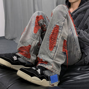 Denim Streetwear Ripped Patches Pants , - Streetwear Pants - Slick Street