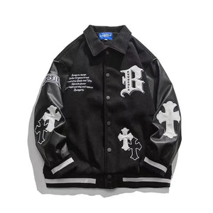 Crucifix Sign Patchwork Raglan Sleeves jacket Beige, S - Streetwear Jacket - Slick Street