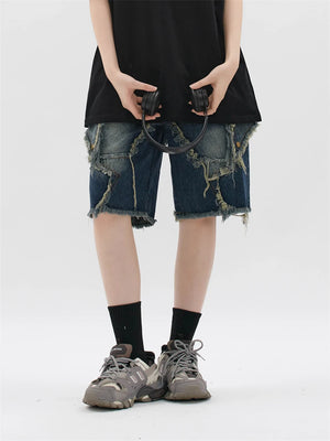 Blue Denim Tassel Star Shorts , - Streetwear Shorts - Slick Street