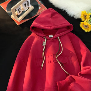 Drawstring Wednesday Embossed Letters Hoodie Burgundy, XS - Streetwear Hoodie - Slick Street