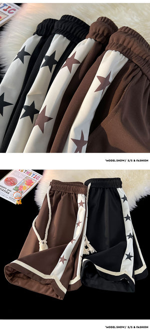 B Letter Drawstring Stars Patchwork Shorts , - Streetwear Shorts - Slick Street