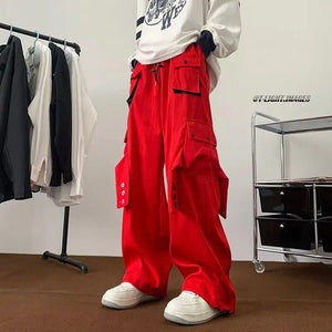 Multi Pockets Button-Up Streetwear Pants Red, XXS - Streetwear Pants - Slick Street