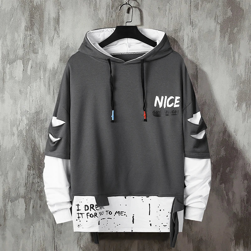 Two Tone Double Layer Style Ripped Hoodie – Slick Street Two Tone Double Layer Style Ripped Hoodie – Slick Street