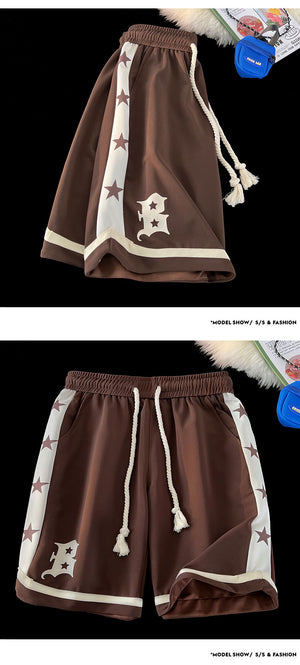 B Letter Drawstring Stars Patchwork Shorts , - Streetwear Shorts - Slick Street