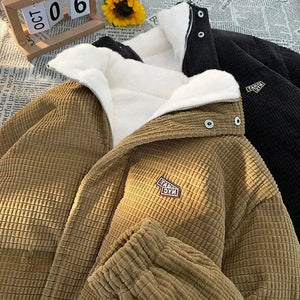 Corduroy Fleece Zipper Jacket Khaki, S - Streetwear Jacket - Slick Street