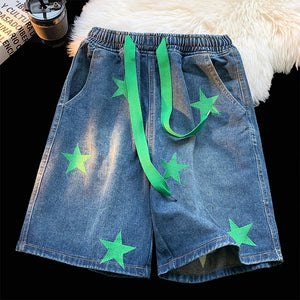 Five-point Star Patchwork Elastic Waist Shorts Dark Blue, XS - Streetwear Shorts - Slick Street