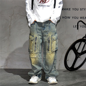 Distressed Denim Cargo Pants , - Streetwear - Slick Street