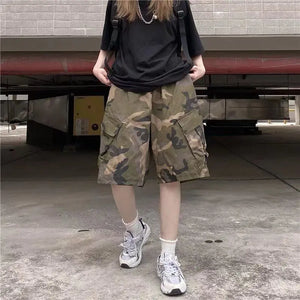 Y2K Camouflage Baggy Shorts Camo Brown, M - Streetwear Shorts - Slick Street