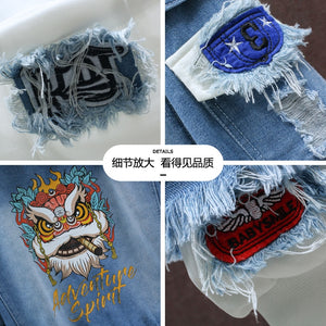 Devil Lion Cloud Denim Ripped Hooded Jacket , - Streetwear Jacket - Slick Street