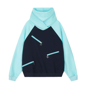 Double Neckline Multi Zipper Style Hoodie Blue, XS - Streetwear Hoodie - Slick Street