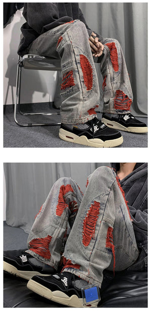 Denim Streetwear Ripped Patches Pants , - Streetwear Pants - Slick Street