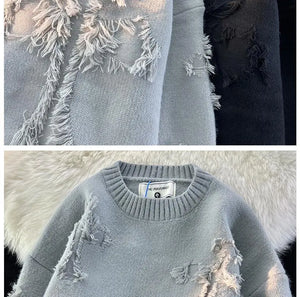 Ripped Y2K Two Shaded Cross Fringed Sweater , - Streetwear Sweater - Slick Street