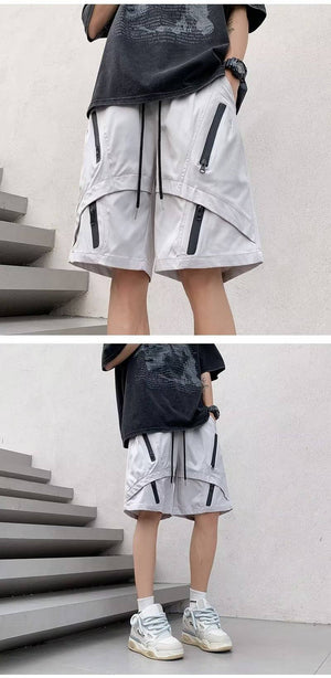Multi Zipper Style Elastic Waist Shorts , - Streetwear Shorts - Slick Street