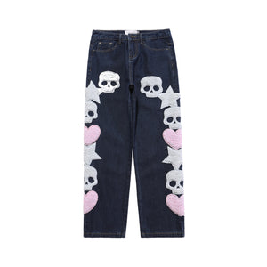 Star Skull Patchwork Straight Jeans Blue, S - Streetwear Jeans - Slick Street