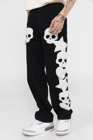 Star Skull Patchwork Straight Jeans , - Streetwear Jeans - Slick Street