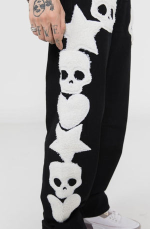 Star Skull Patchwork Straight Jeans , - Streetwear Jeans - Slick Street