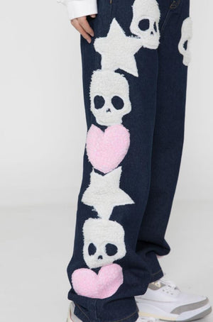 Star Skull Patchwork Straight Jeans , - Streetwear Jeans - Slick Street