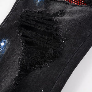 Ruby Distressed Rhinestone Slim Black Jeans , - Streetwear Jeans - Slick Street