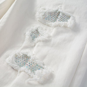 White Distressed Rhinestone Slim Jeans , - Streetwear Jeans - Slick Street